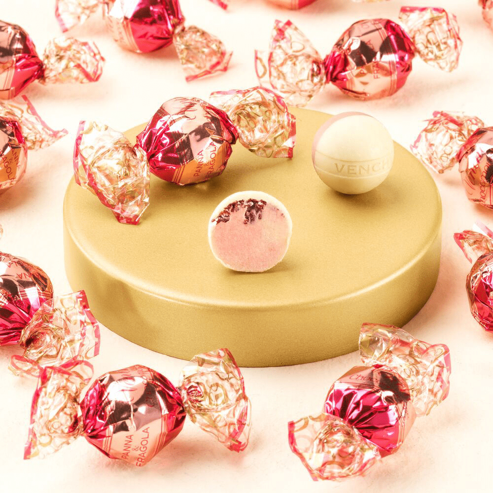 Venchi Strawberry & Cream Chocomousse in White Chocolate Pearls
