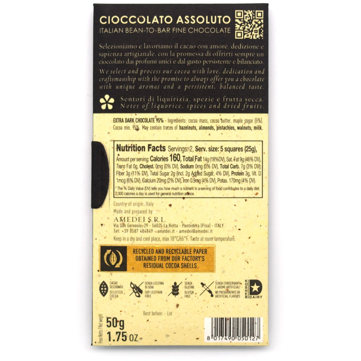 Amedei Acero 95% Extra Dark Chocolate Bar - 50g