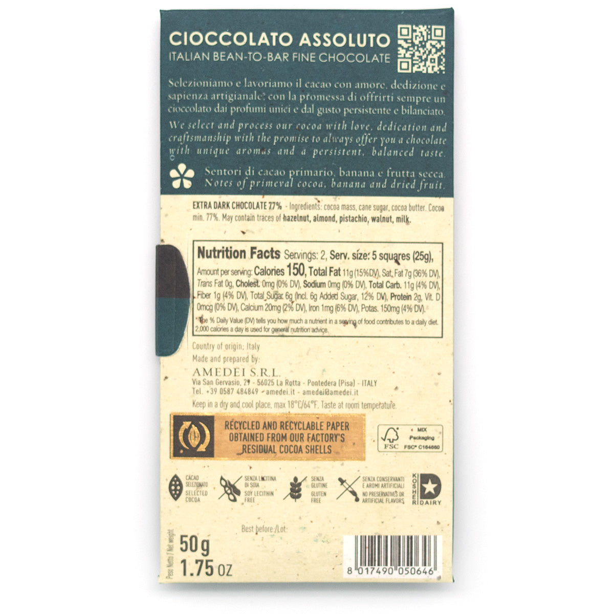 Amedei Ecuador 77% Single Origin Dark Chocolate Bar - 50g