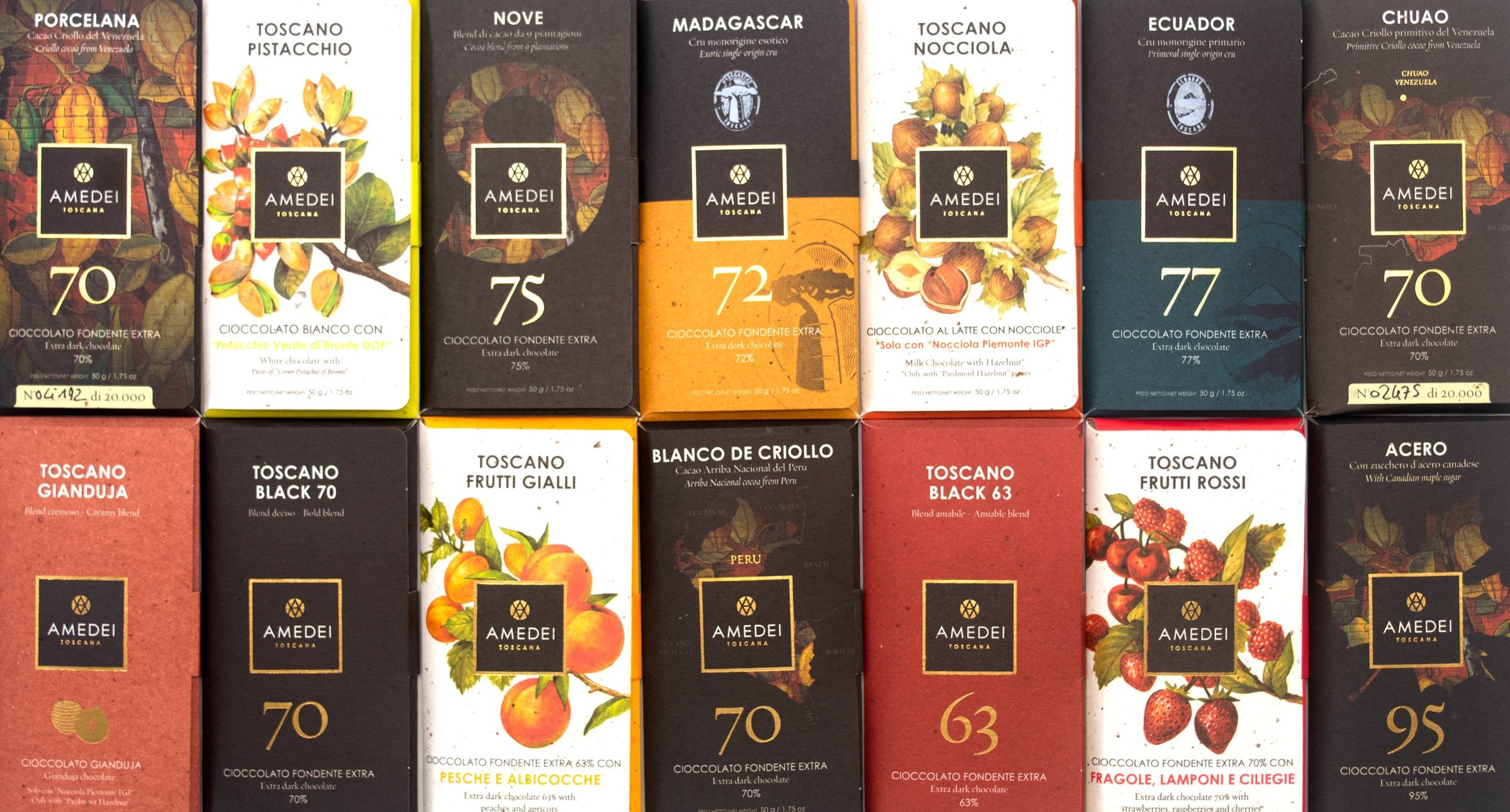 Collection of Amede chocolate boxes with various flavors and designs.