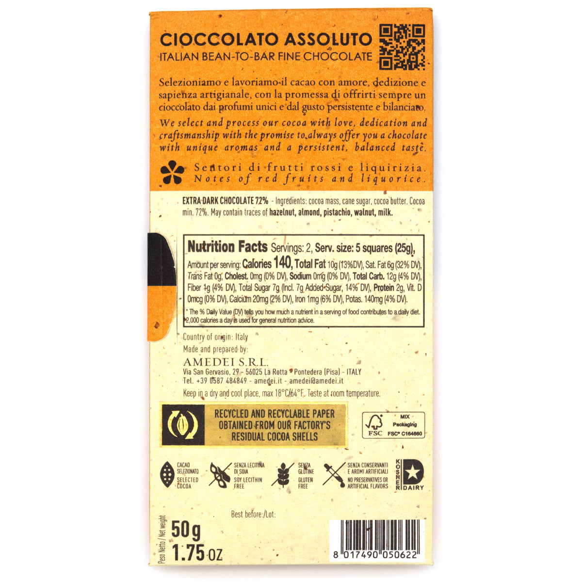 Amedei Madagascar 72% Single Origin Dark Chocolate Bar - 50g