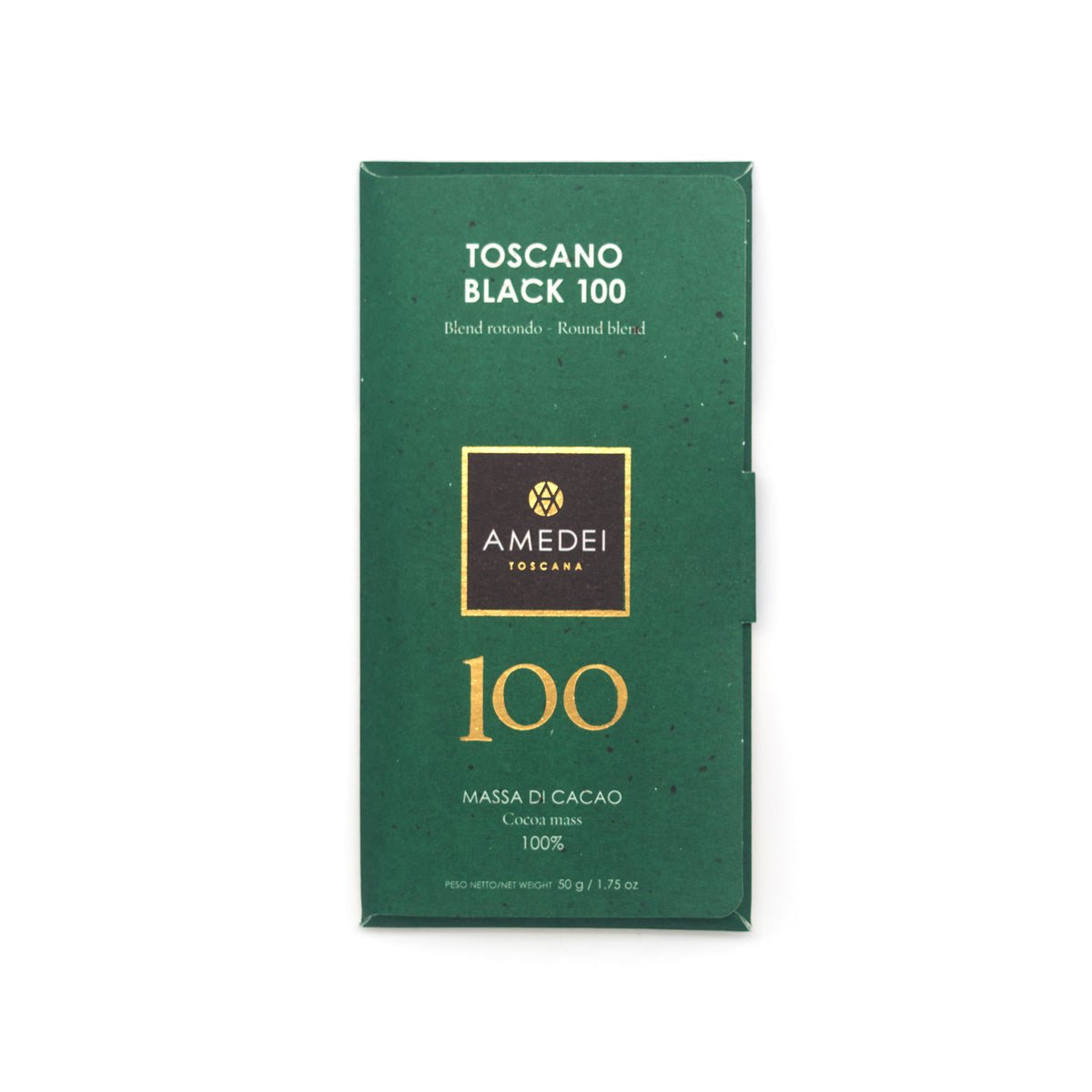 Amedei Toscano Black 100% Dark Chocolate Bar packaging, predominantly green with the brand logo and product name displayed.