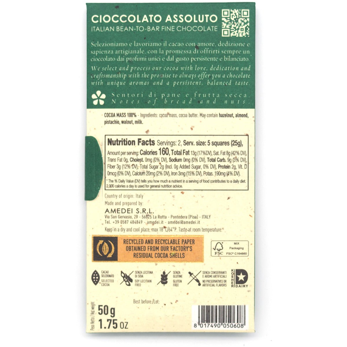 Amedei Toscano Black 100% Dark Chocolate Bar - 50g