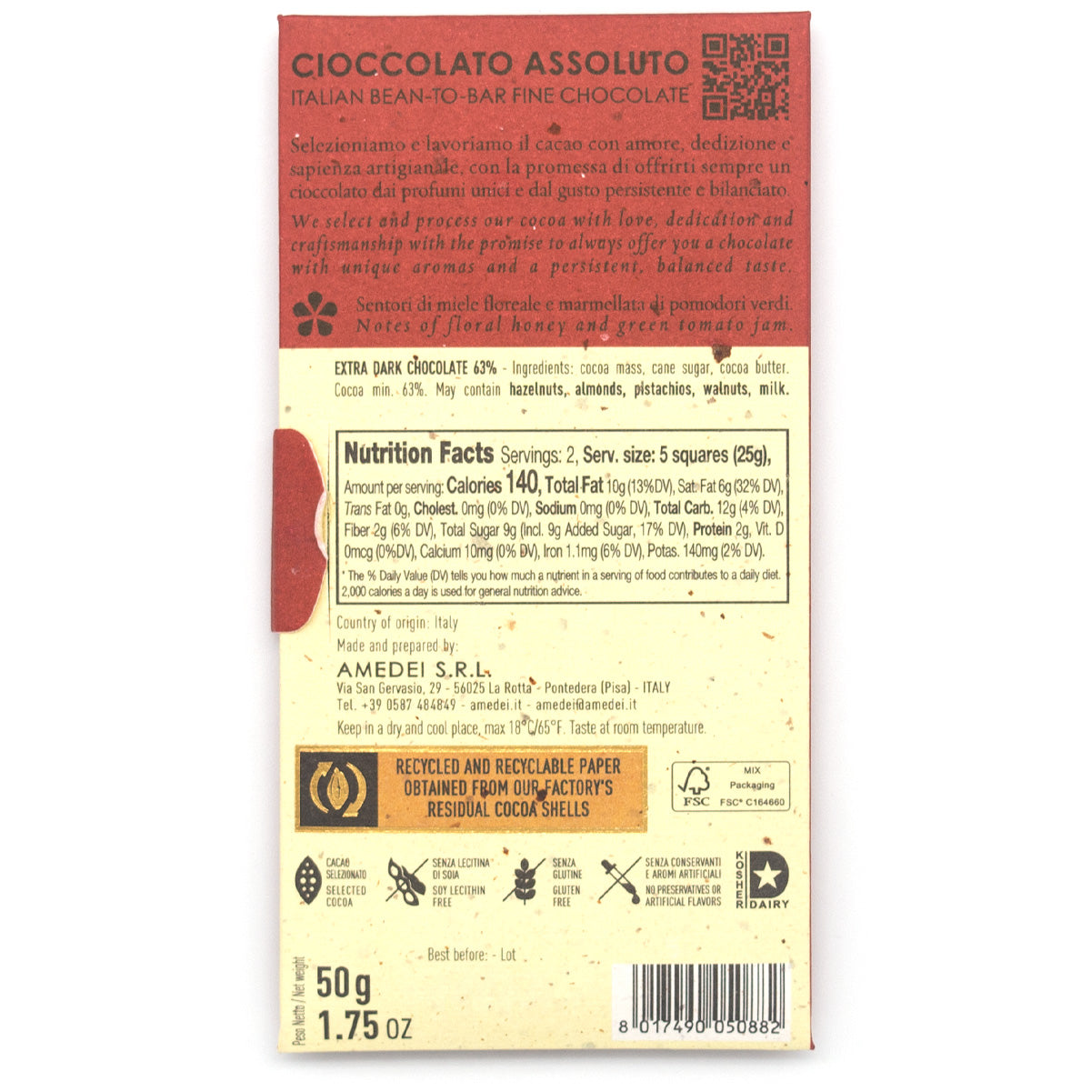 Amedei Toscano Black 63% Dark Chocolate Bar - 50g (Past Date)