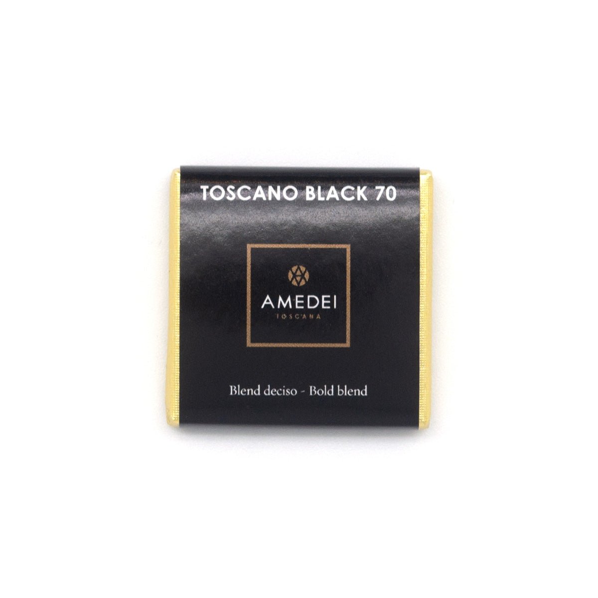 Packaging of Amedei Toscano Black 70% Dark Chocolate Napolitain with brand logo visible.