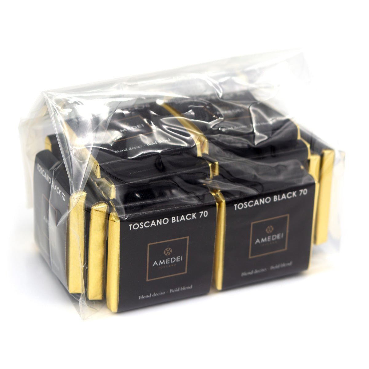 Packaging of Amedei Toscano Black 70% Dark Chocolate Napolitains bag with brand logo visible.