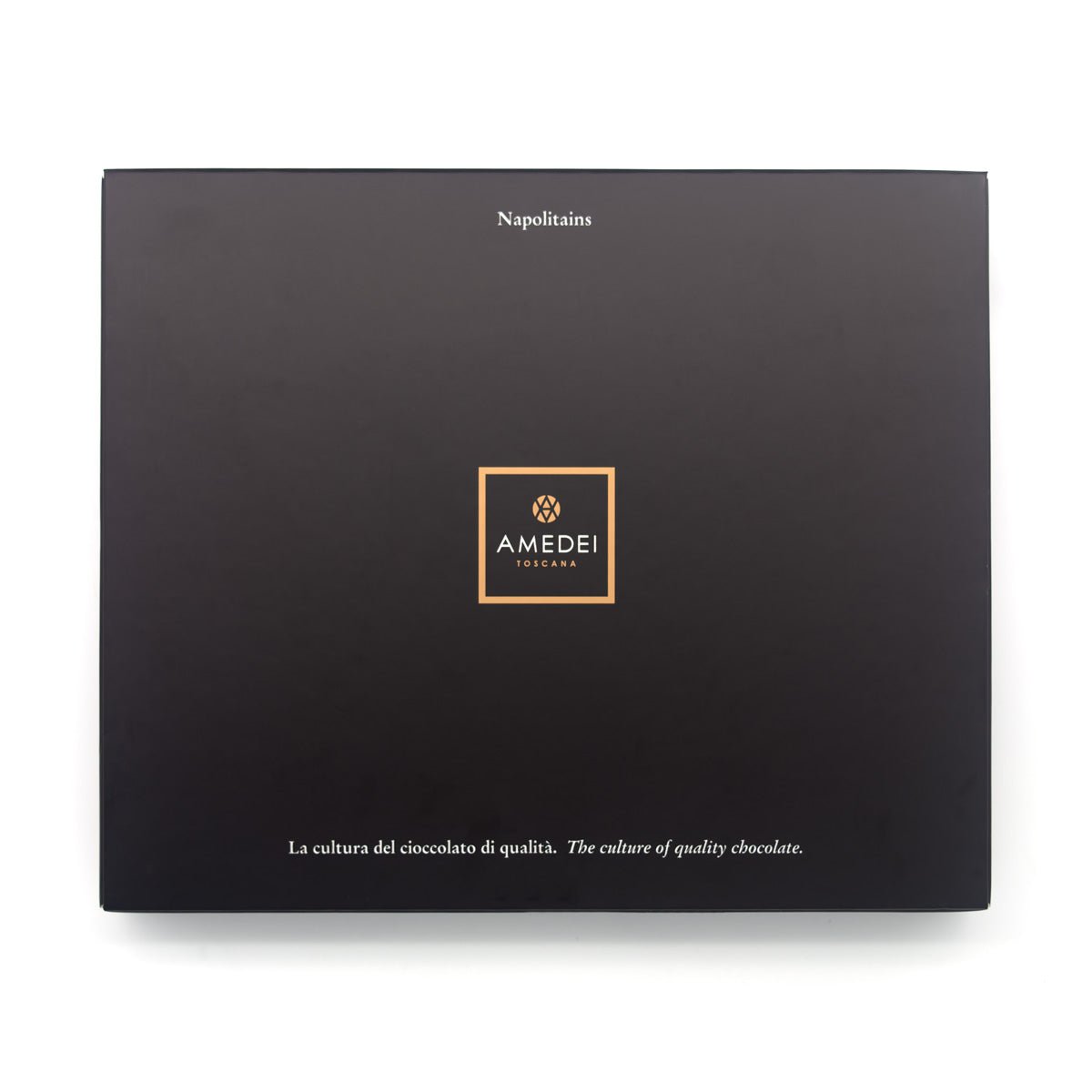 Packaging of Amedei Toscano Black 70% Dark Chocolate Napolitains with brand logo visible.