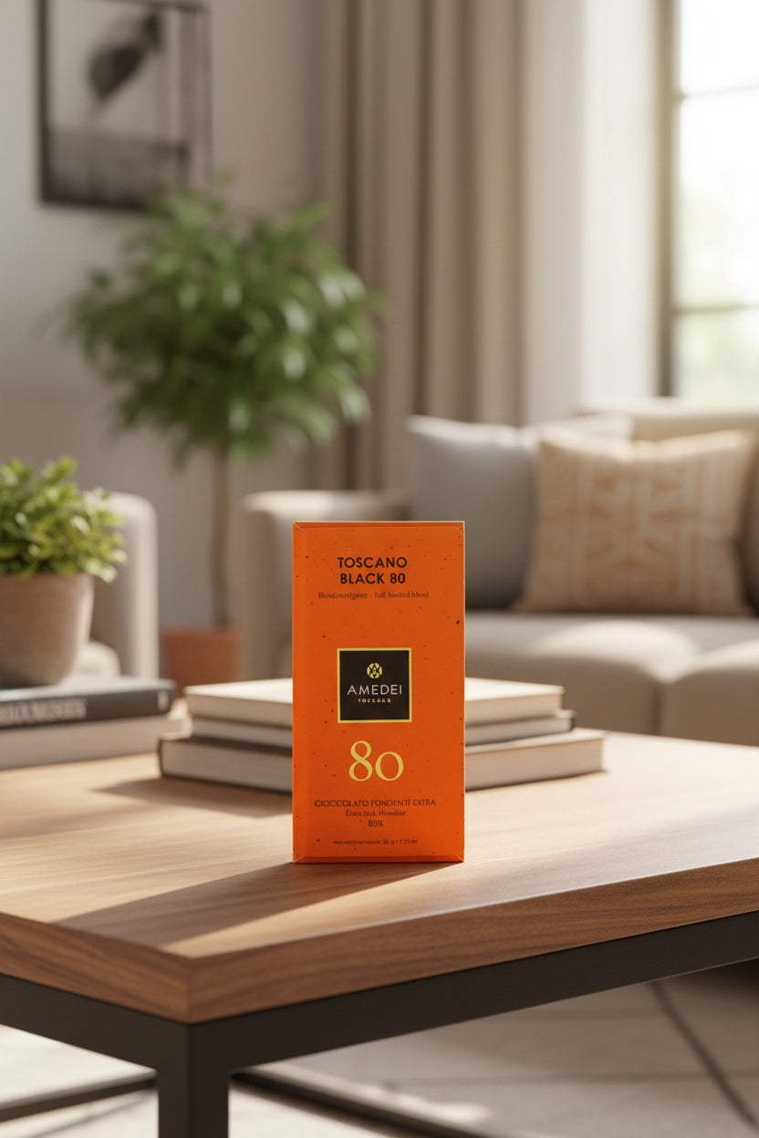 Amedei Toscano Toscana Black 80 chocolate bar packaging in bright orange with a central black square logo and gold text, shown on a coffee table.