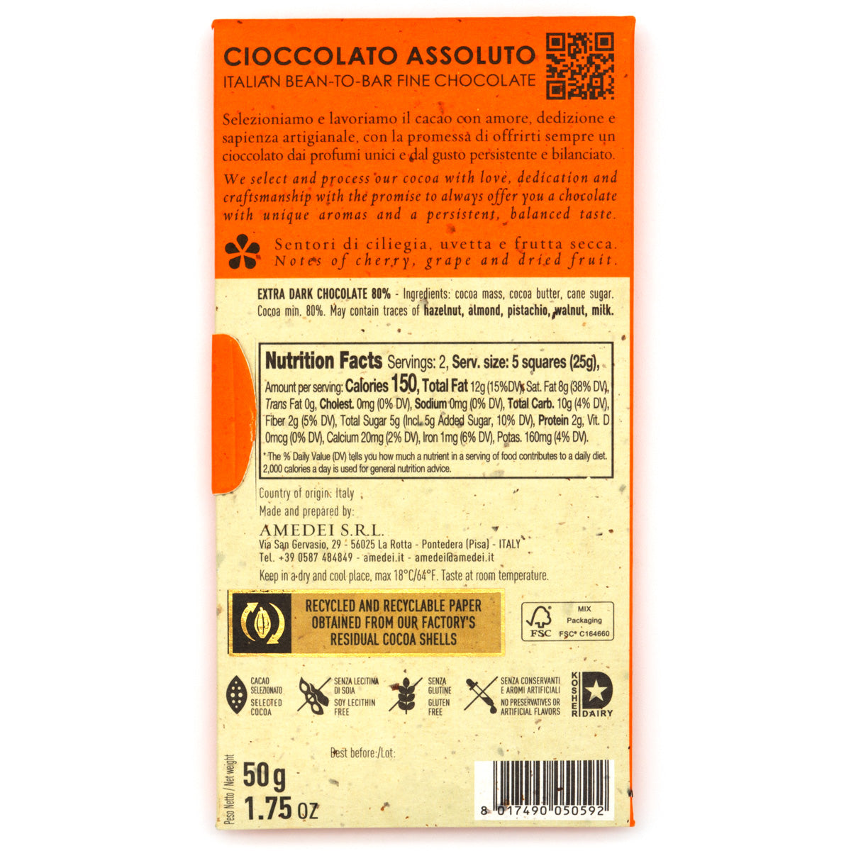 Amedei Toscano Black 80% Dark Chocolate Bar - 50g