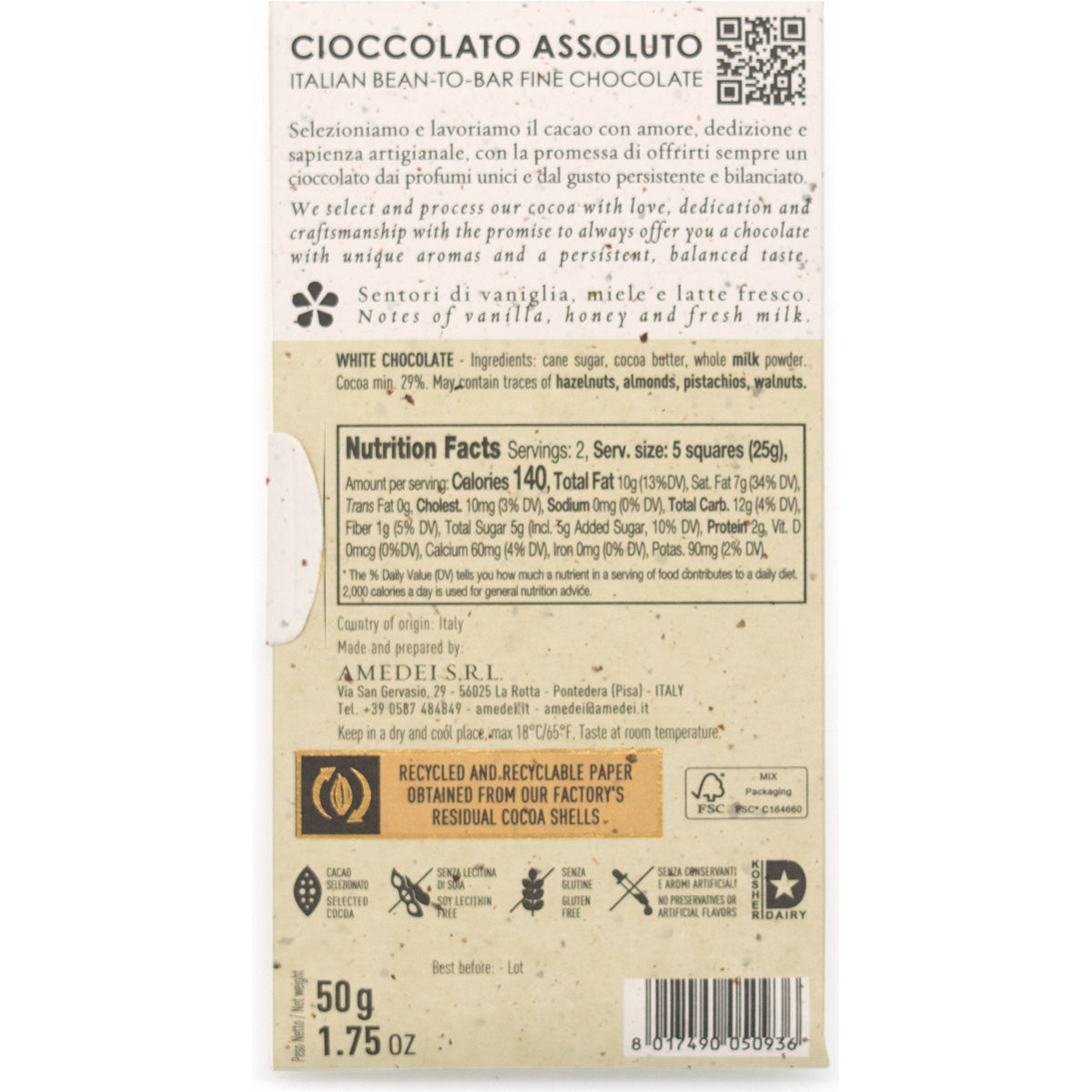 Amedei Toscano Cioccolato al Latte Bianco 29% White Chocolate Bar - 50g