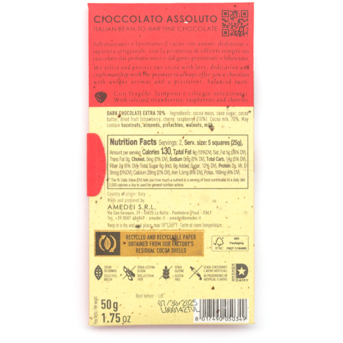 Amedei Toscano Frutti Rossi 70% Dark Chocolate & Berries Bar - 50g