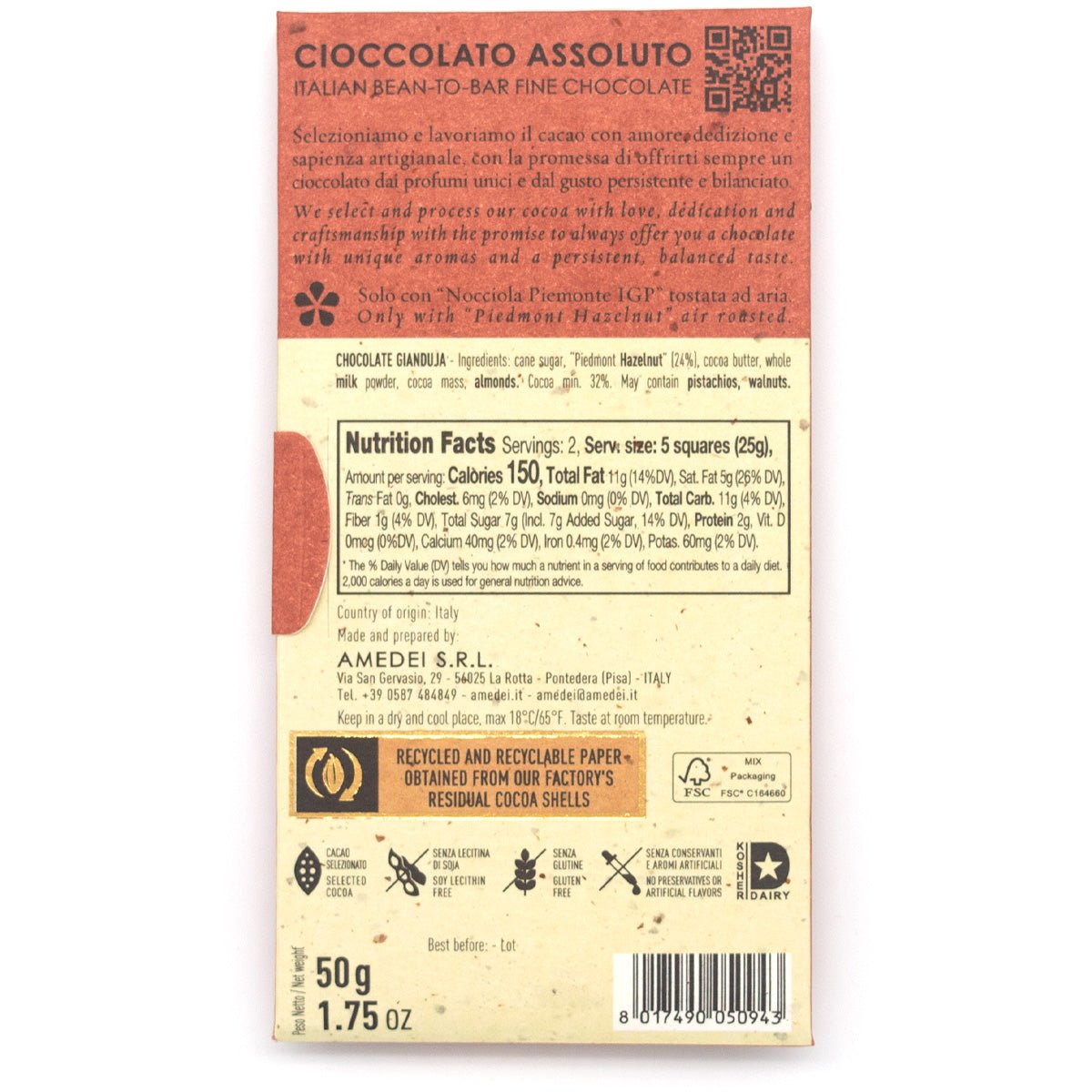 Amedei Toscano Cioccolato Gianduja 32% Milk Chocolate & Hazelnut Bar - 50g (Past Date)