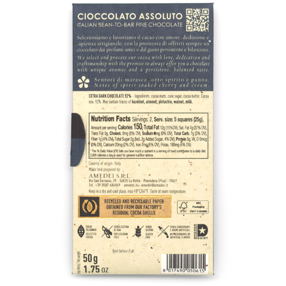 Amedei Venezuela 92% Single Origin Dark Chocolate Bar - 50g