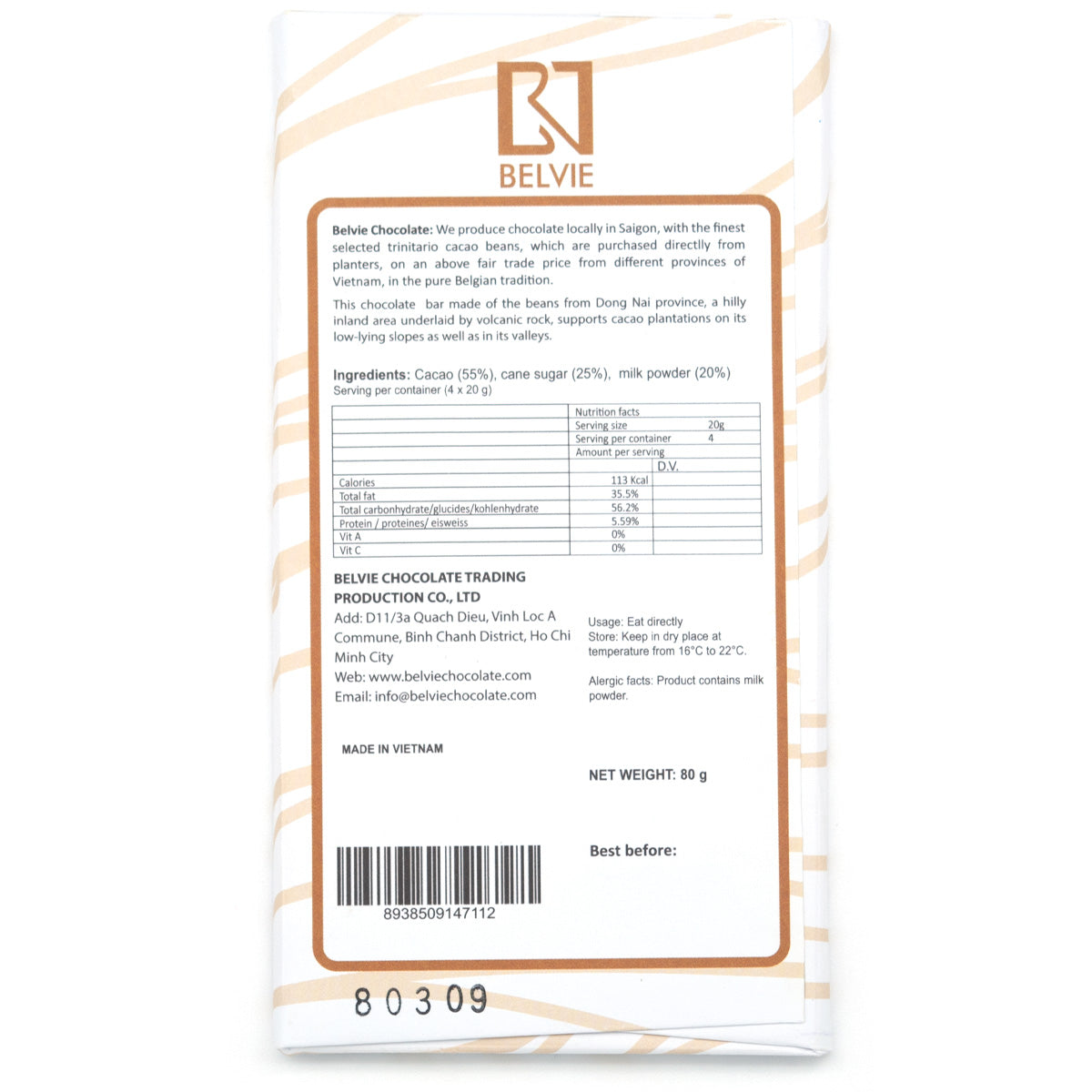 Belvie Au Lait 55% Single Origin Milk Chocolate Bar - 80g