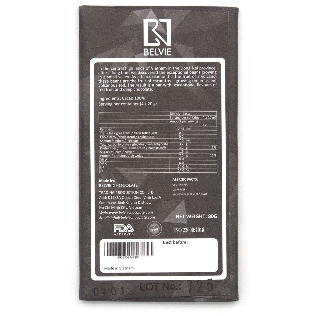 Belvie Black Diamond 100% Single Origin Dark Chocolate Bar - 80g