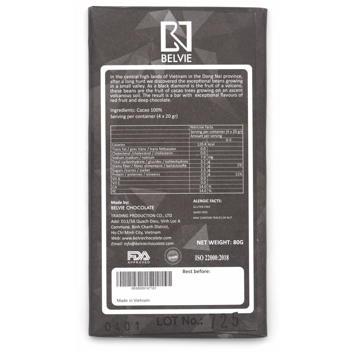 Belvie Black Diamond 100% Single Origin Dark Chocolate Bar - 80g