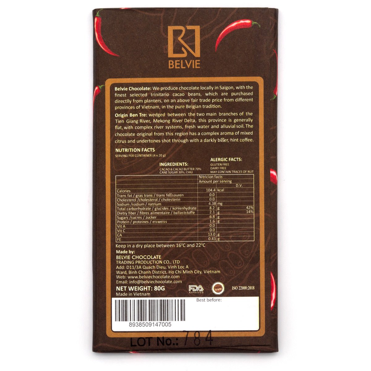 Belvie Chili Pepper 70% Single Origin Dark Chocolate Bar - 80g