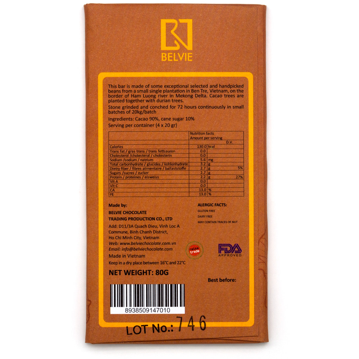 Belvie 90% Single Origin Dark Chocolate Bar - 80g