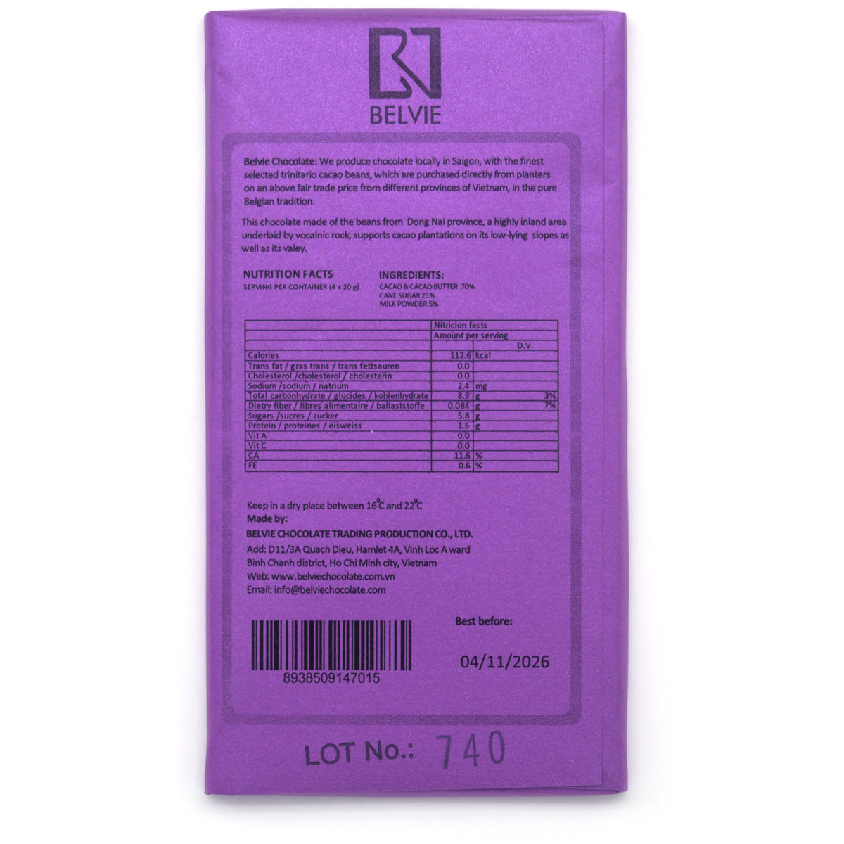 Belvie Dark Milk 70% Single Origin Milk Chocolate Bar - 80g
