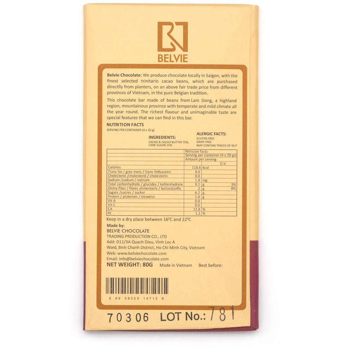 Belvie Thien Tuy 75% Single Origin Dark Chocolate Bar - 80g