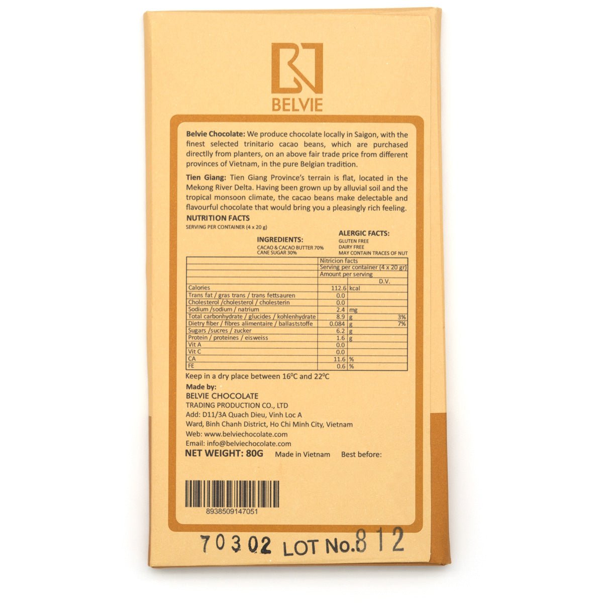 Belvie Tien Giang 70% Single Origin Dark Chocolate Bar - 80g