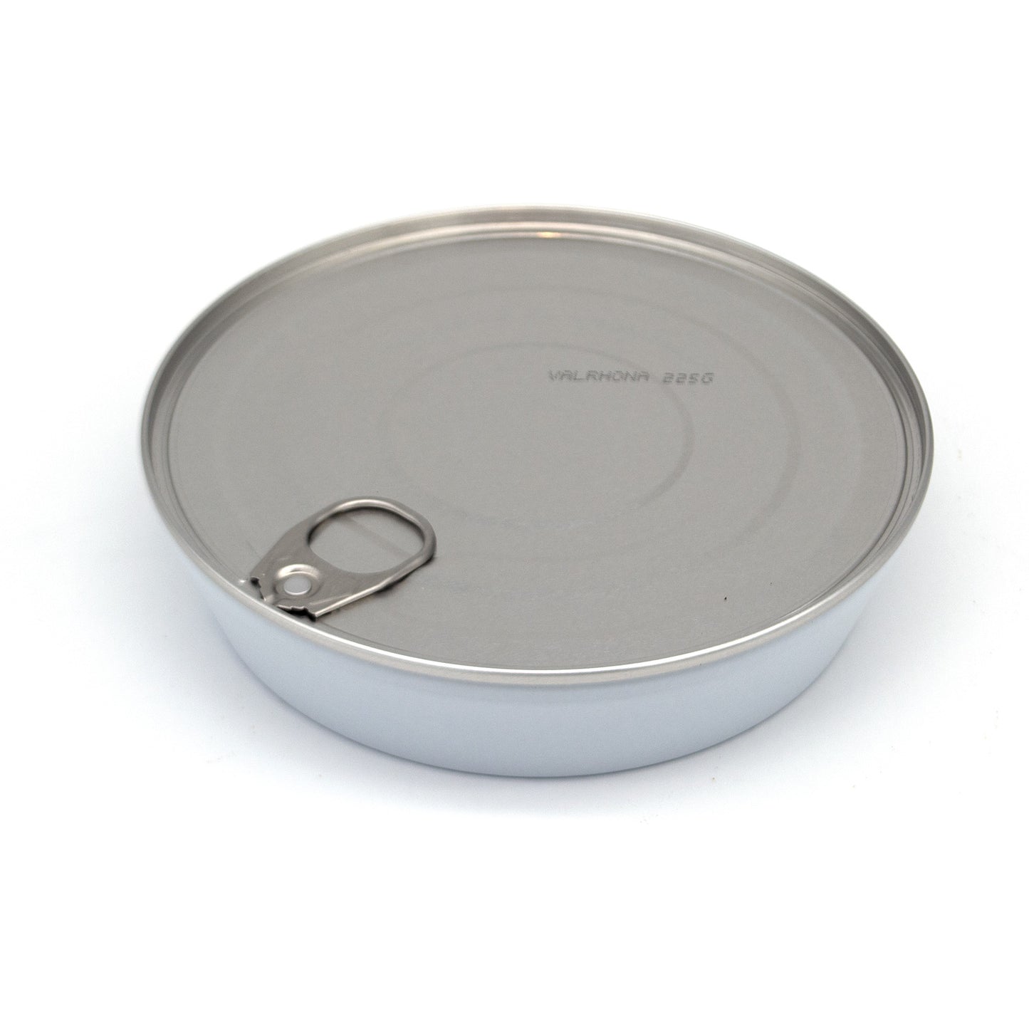 A round metal tin with a pull-tab lid, photographed from above on a clean white background.