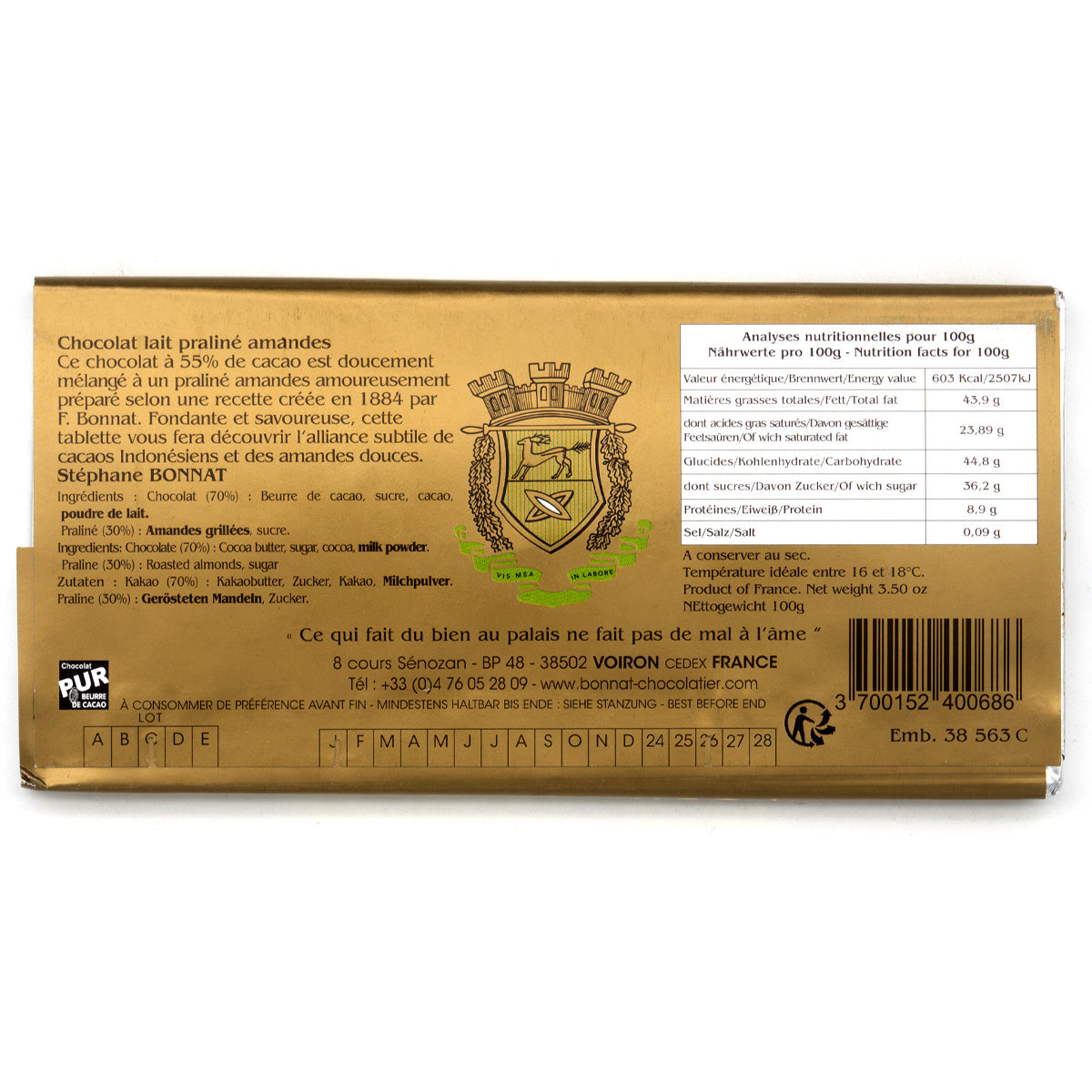 Bonnat 55% Milk Chocolate Almond Praline Bar - 100g