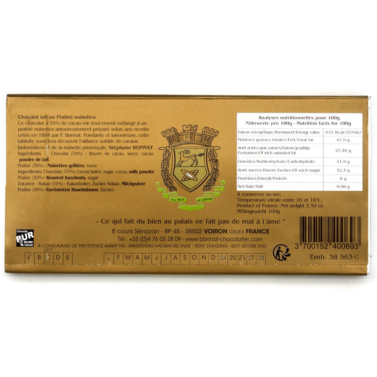 Bonnat 55% Milk Chocolate & Hazelnut Praline Bar - 100g
