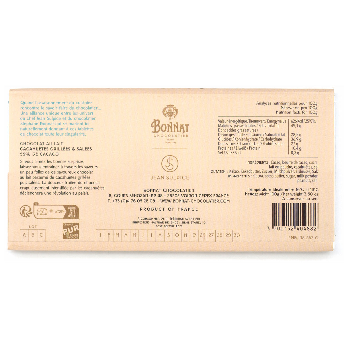 Bonnat Cacahuètes Grillées 55% Milk Chocolate & Roasted Salted Peanuts Bar - 100g