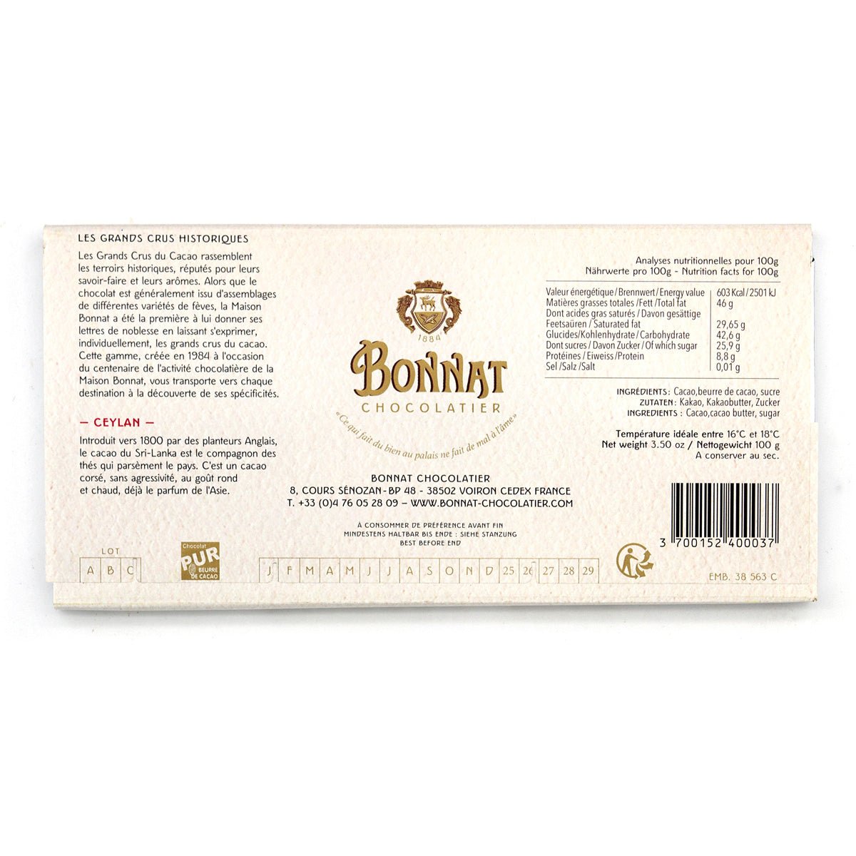 Bonnat Ceylan 75% Single Origin Dark Chocolate Bar - 100g