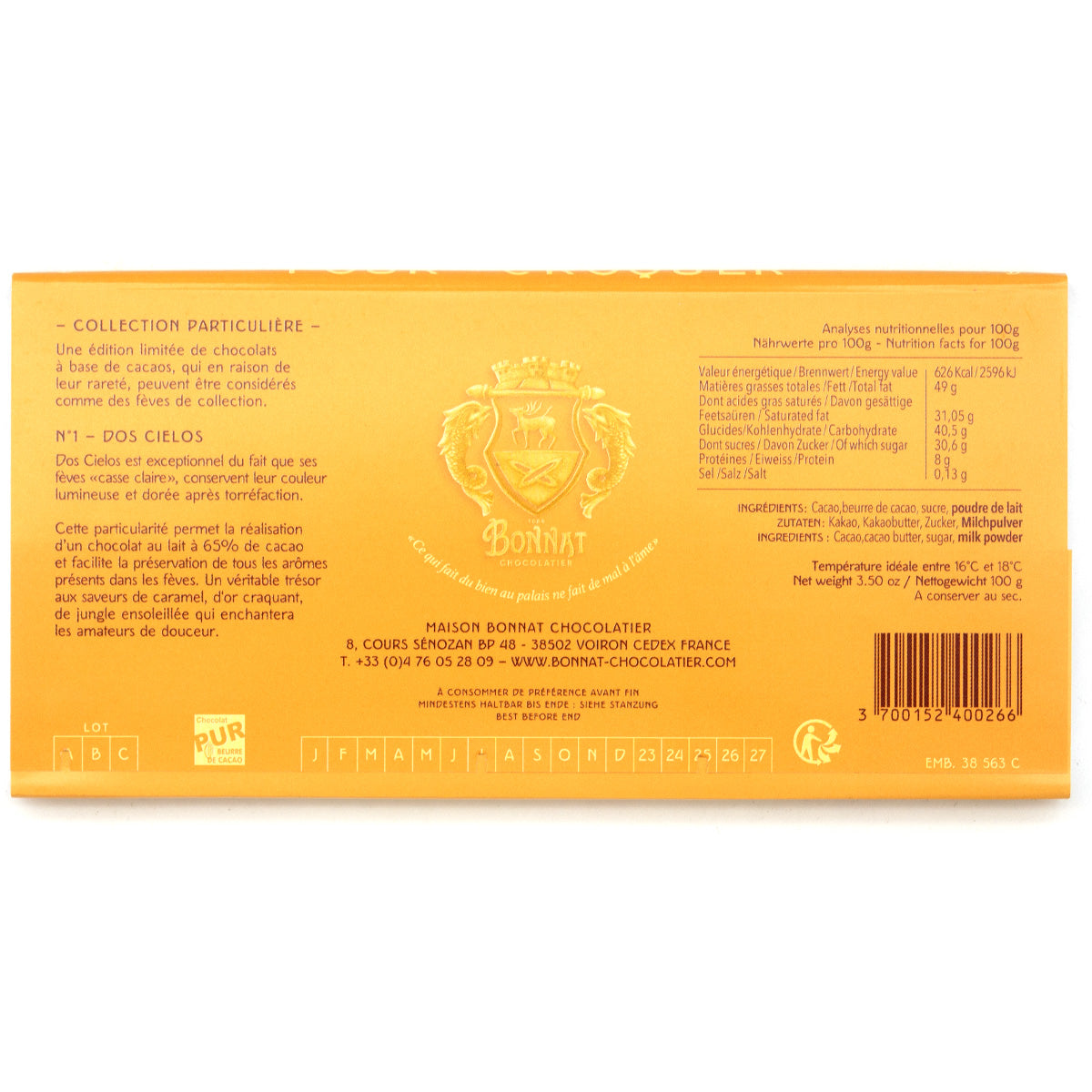 Bonnat Dos Cielos 65% Single Origin Milk Chocolate Bar - 100g