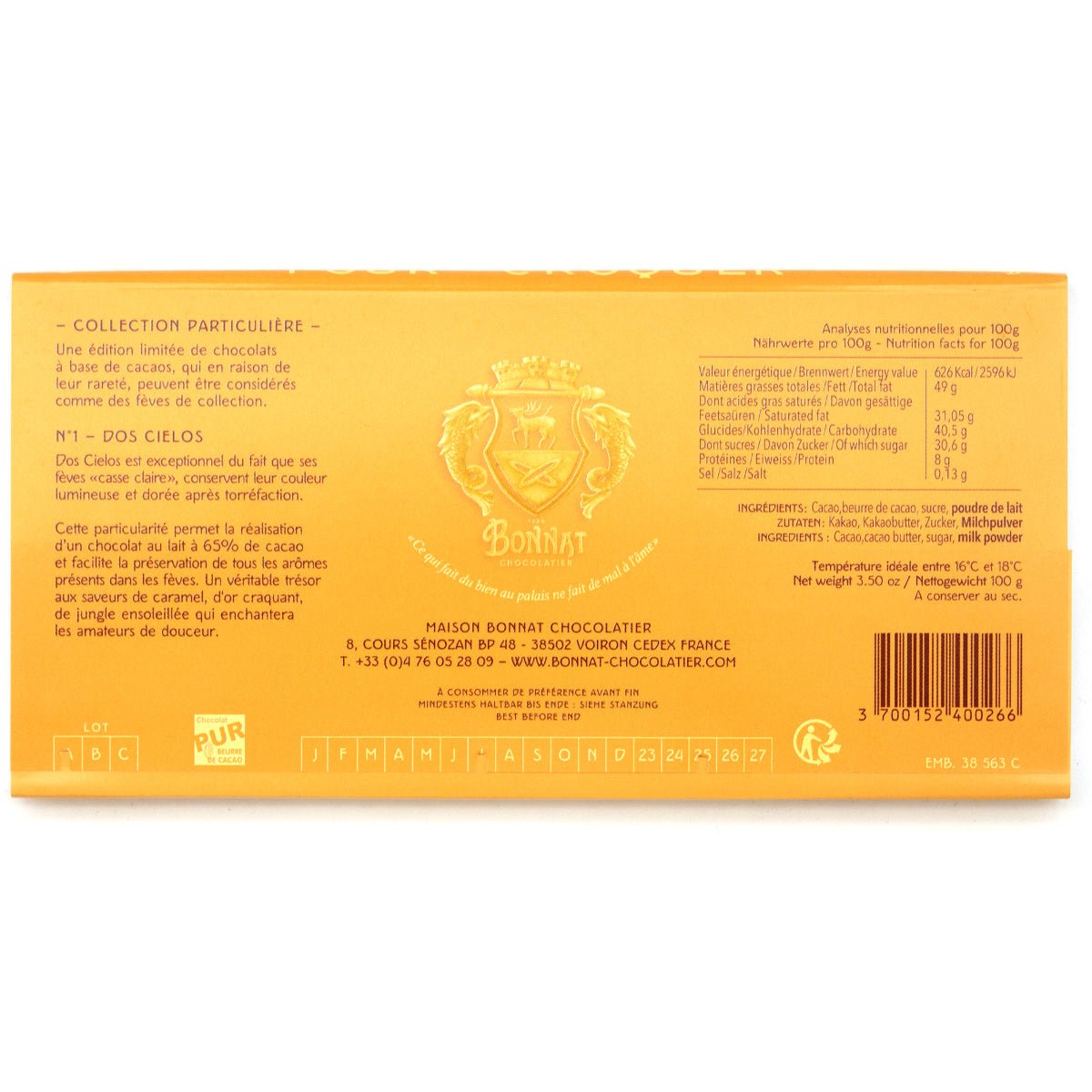 Bonnat Dos Cielos 65% Single Origin Milk Chocolate Bar - 100g
