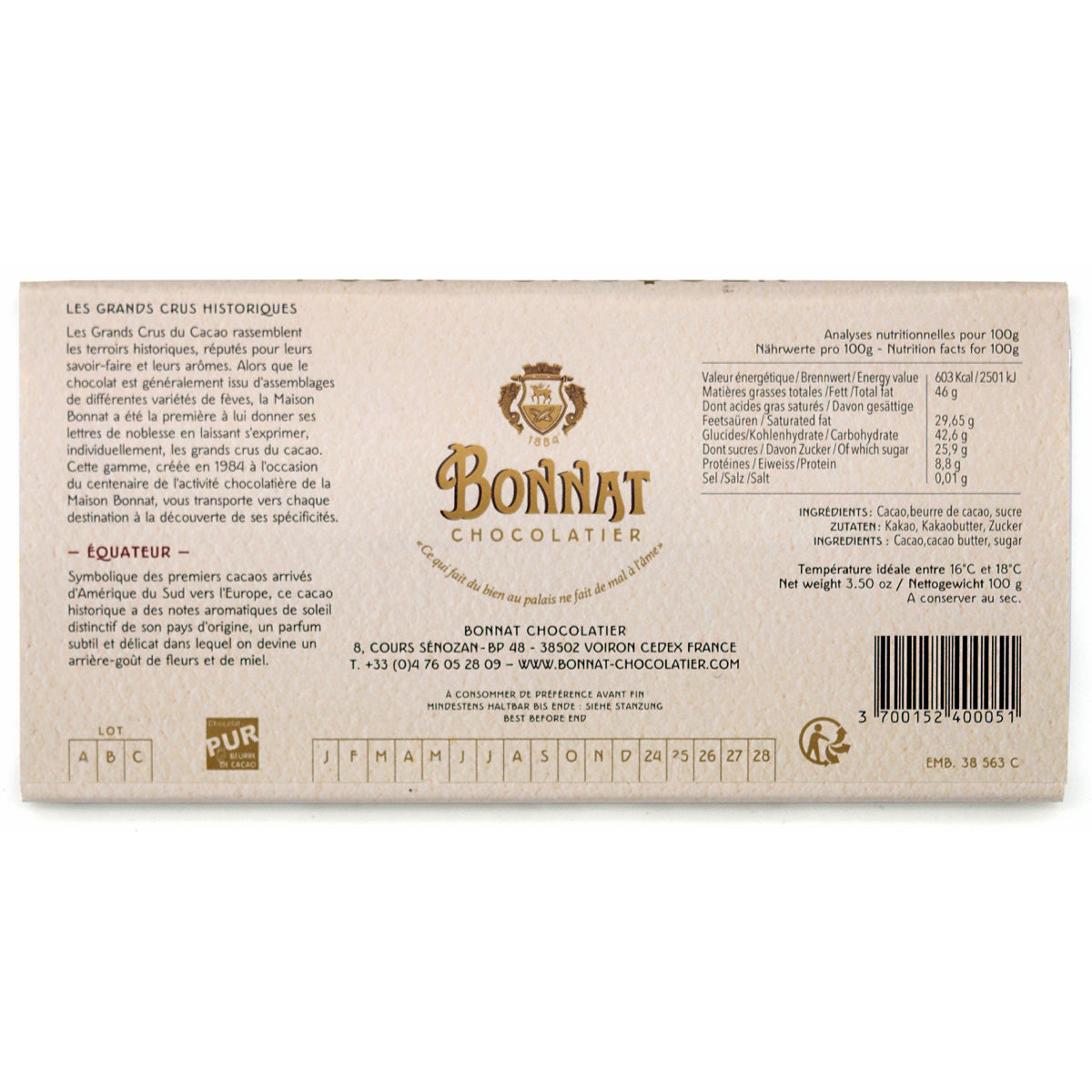 Bonnat Equateur 75% Single Origin Dark Chocolate Bar - 100g