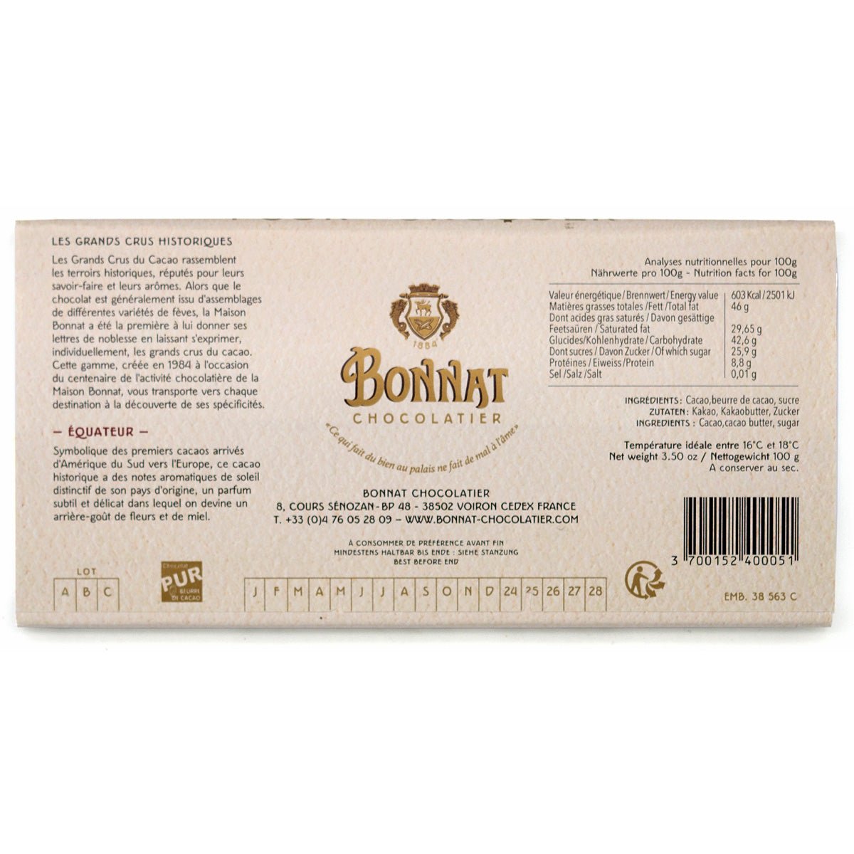 Bonnat Equateur 75% Single Origin Dark Chocolate Bar - 100g