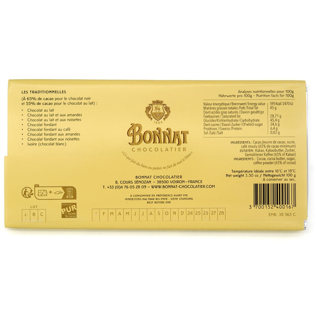 Bonnat Fondant Au Café 65% Dark Chocolate & Coffee Bar - 100g