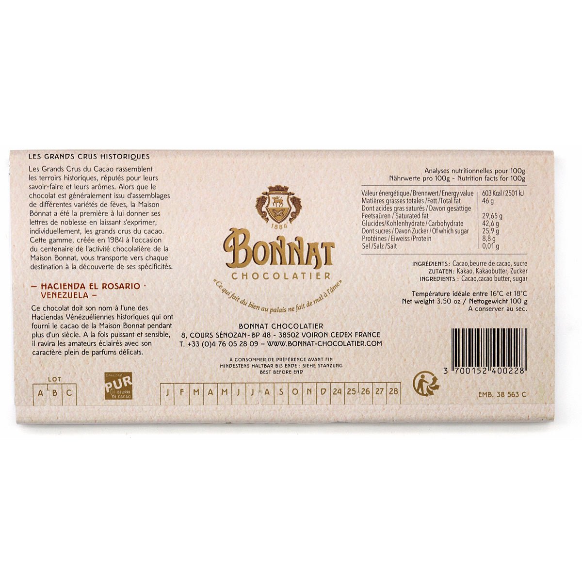 Bonnat El Rosario 75% Single Origin Dark Chocolate Bar - 100g