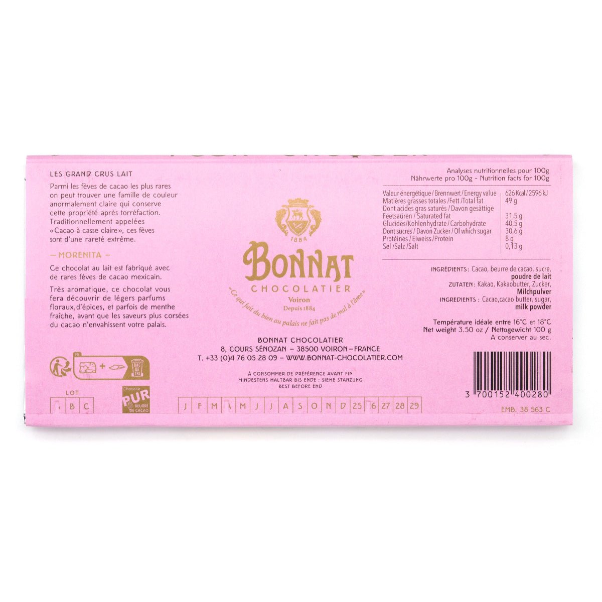 Bonnat Morenita 65% Single Origin Milk Chocolate Bar - 100g
