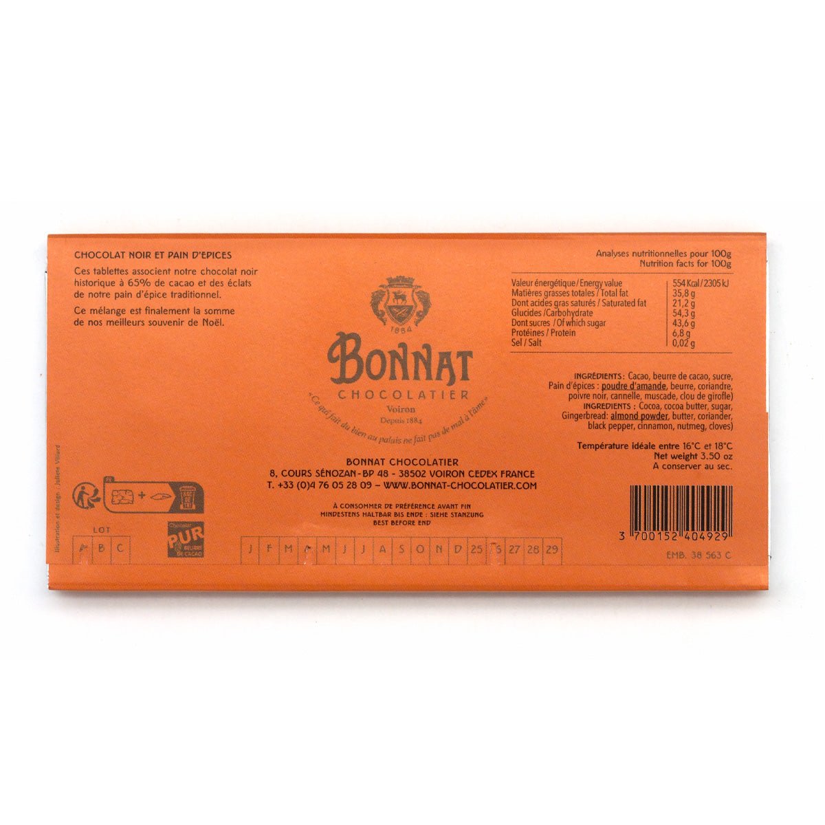 Bonnat Noir et Pain d'épices 65% Dark Chocolate & Gingerbread Bar - 100g