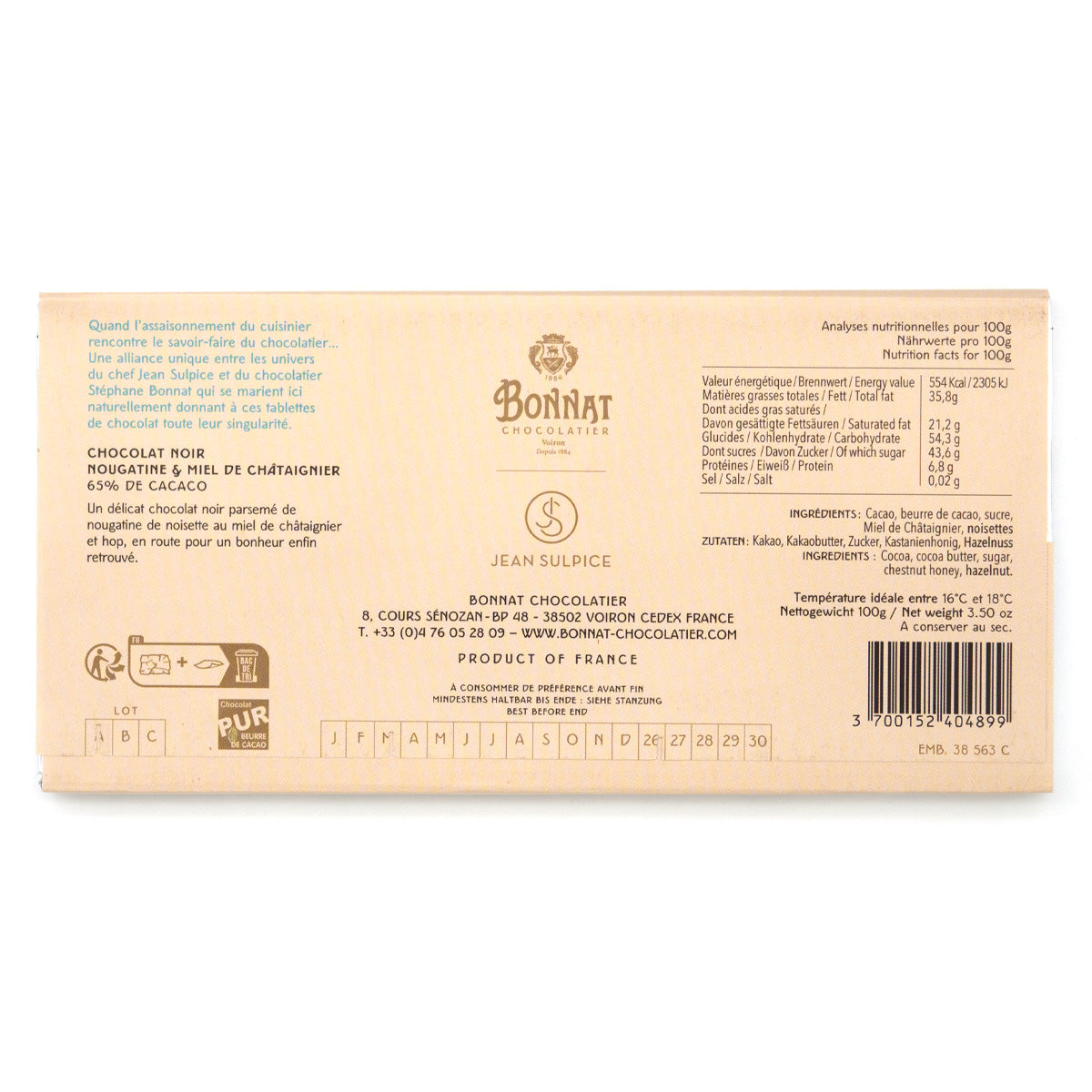 Bonnat Nougatine & Miel De Châtaignier 65% Dark Chocolate Nougatine & Chestnut Honey Bar - 100g