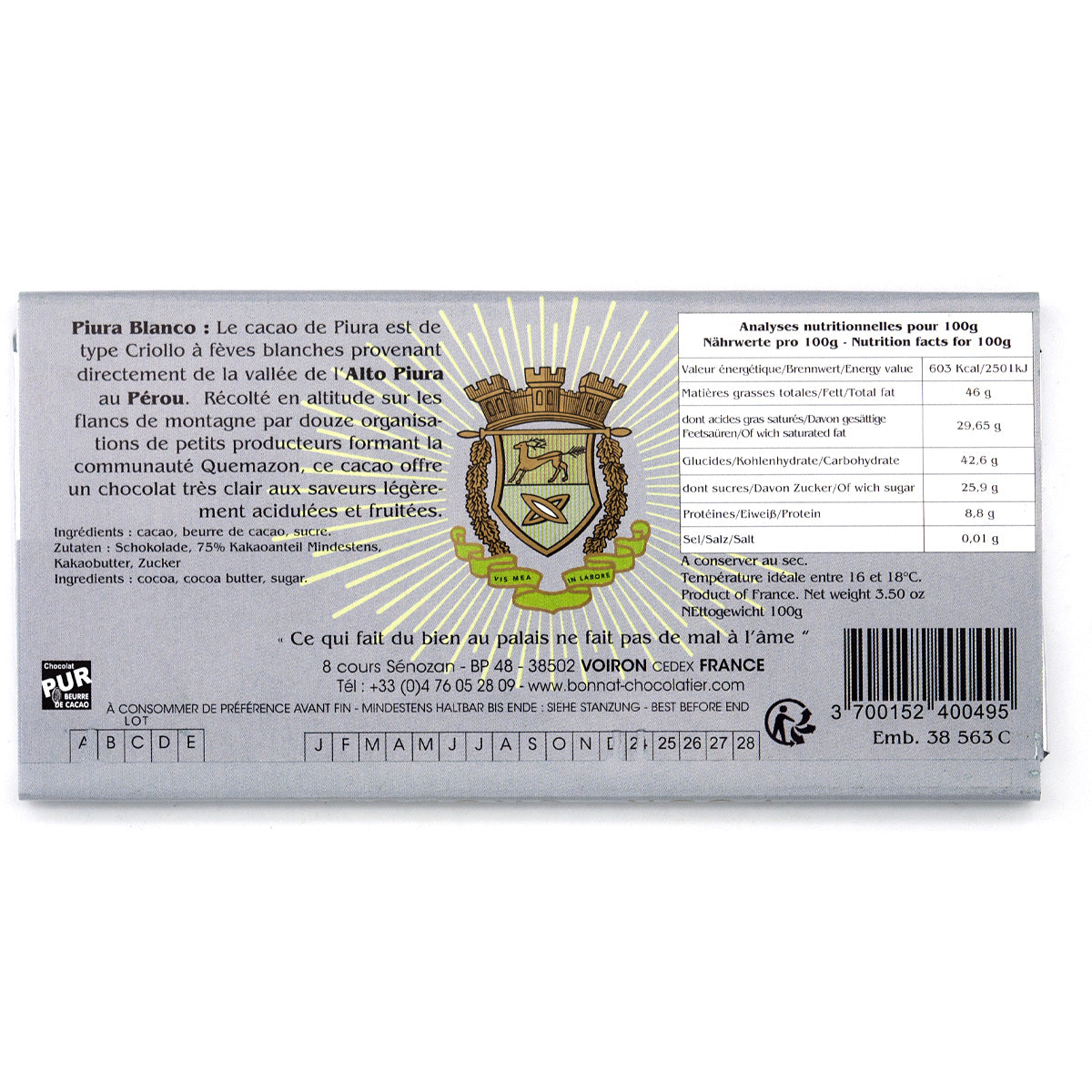 Bonnat Piura Blanco 75% Single Origin Dark Chocolate Bar - 100g