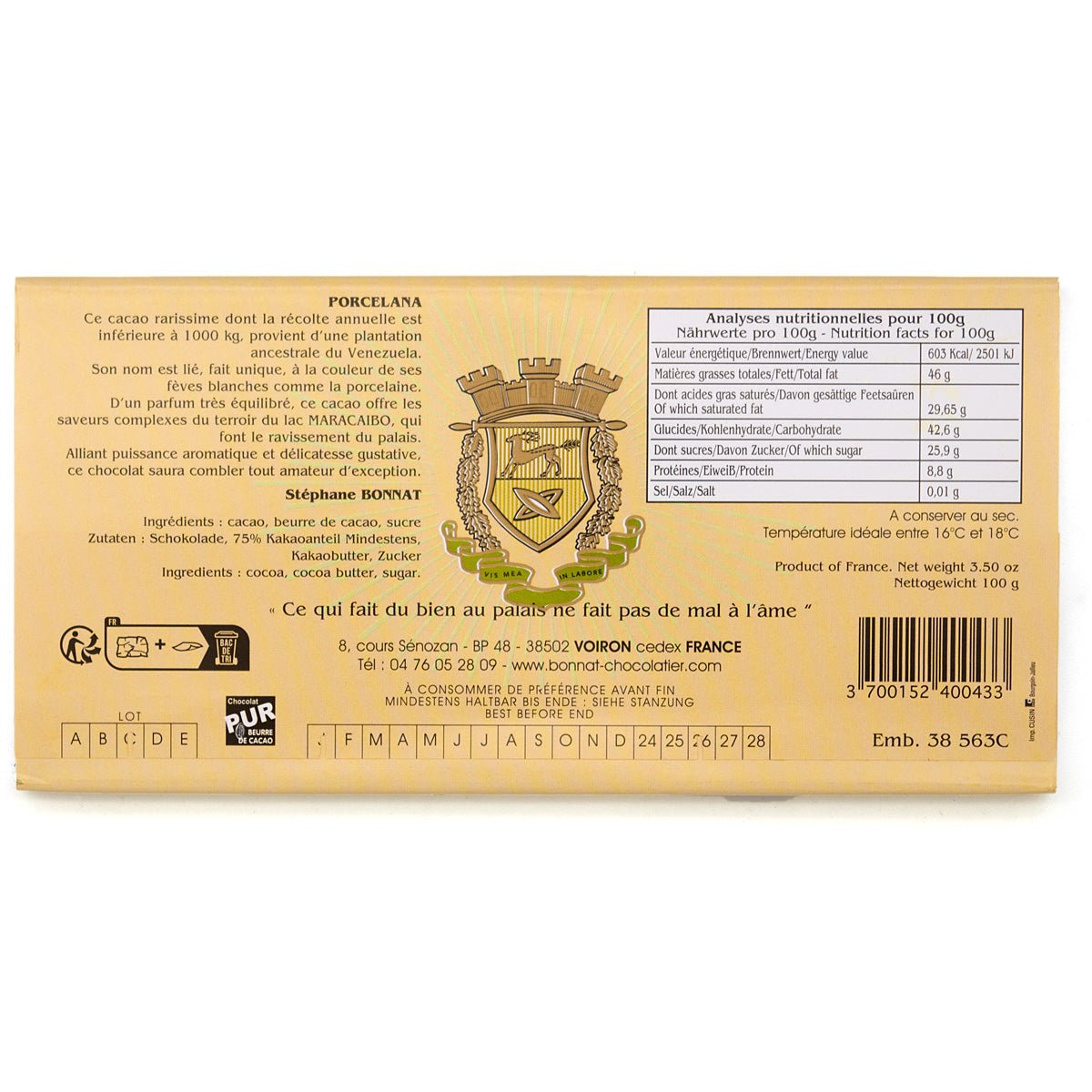 Bonnat Porcelana 75% Single Origin Dark Chocolate Bar - 100g