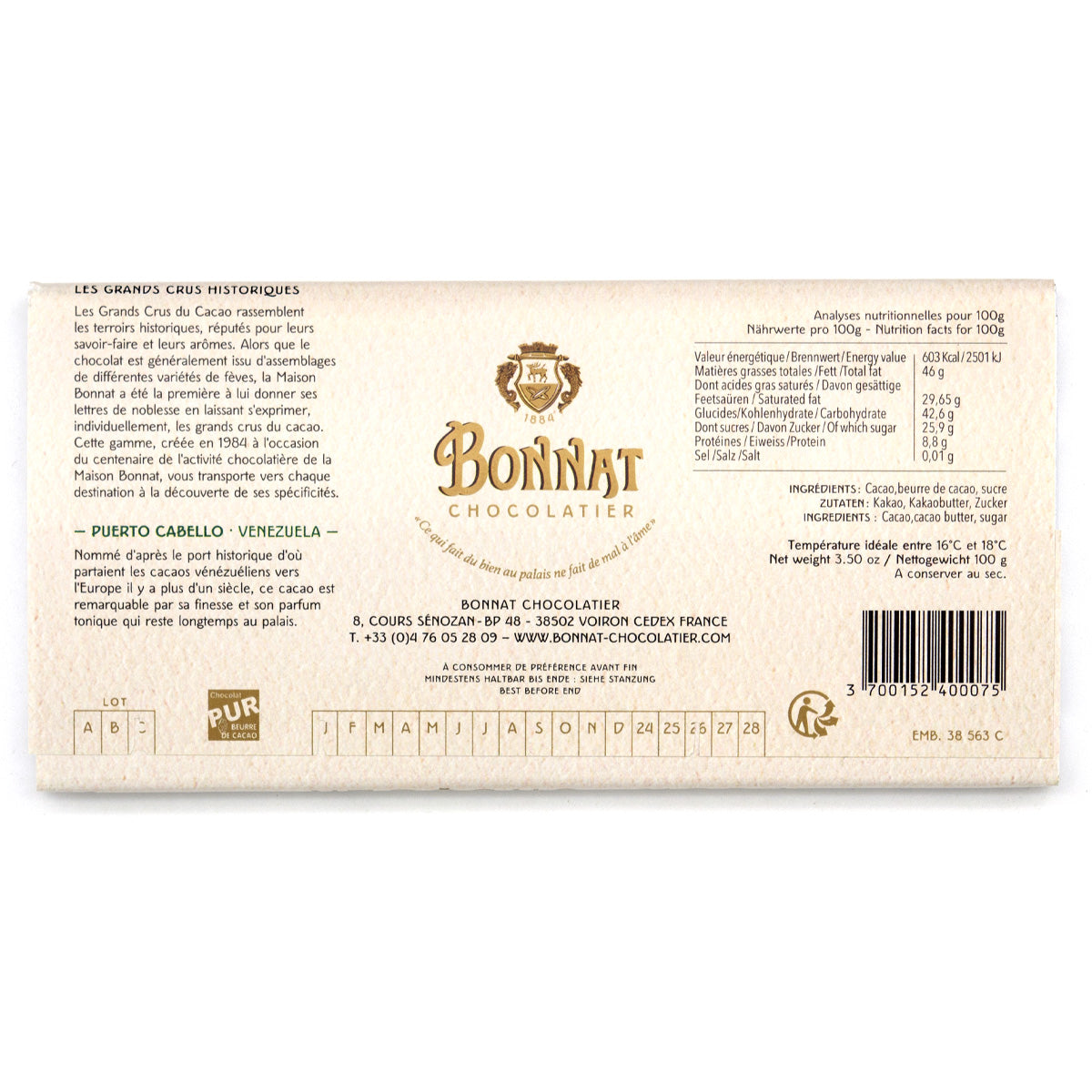 Bonnat Puerto Cabello 75% Single Origin Dark Chocolate Bar - 100g