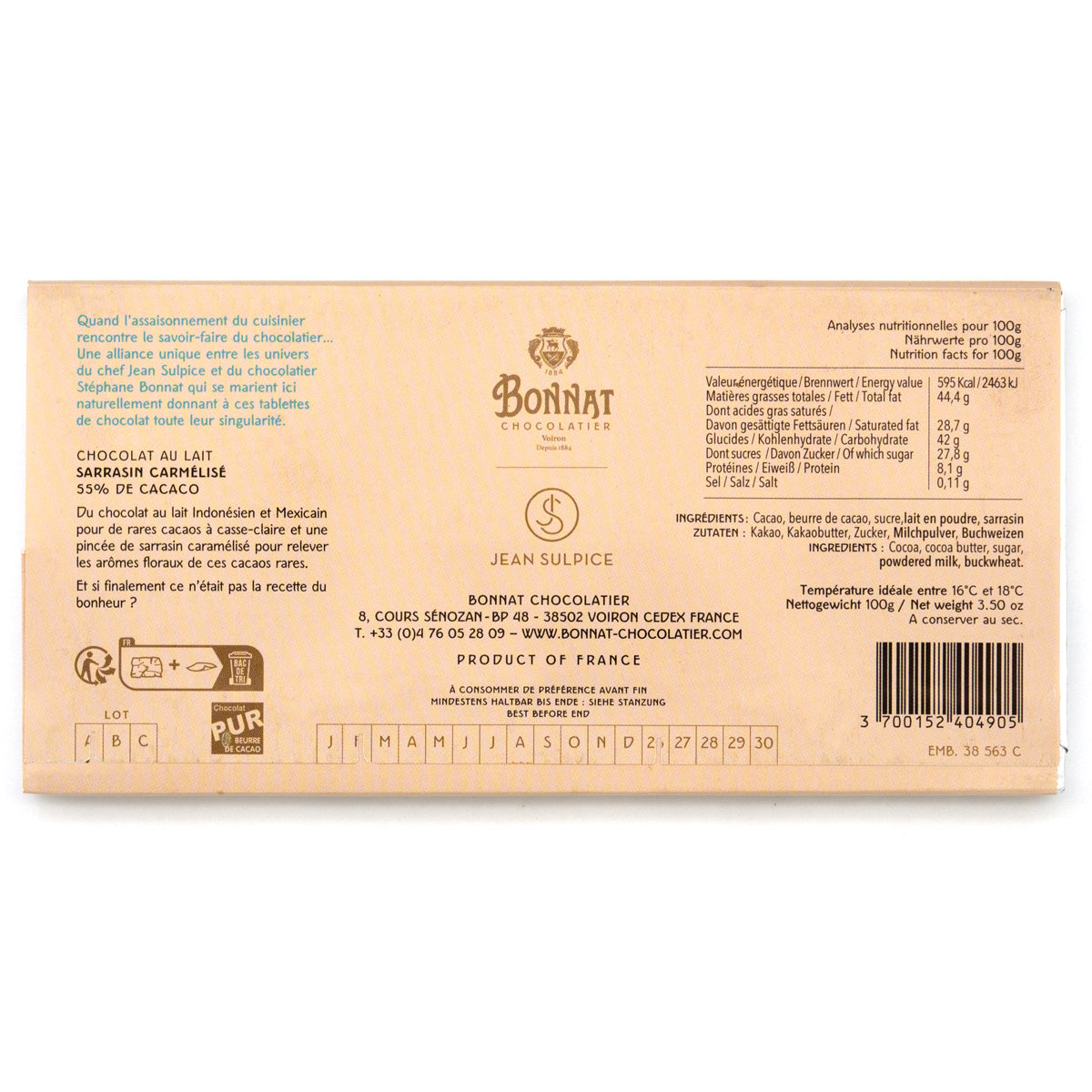 Bonnat Sarrasin Caramélisé 55% Milk Chocolate & Caramelized Buckwheat Bar - 100g