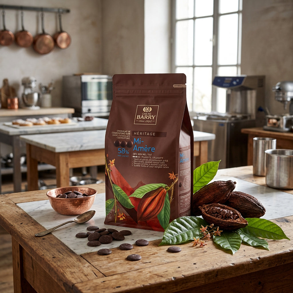 Cacao Barry chocolate packaging with cacao bean and leaf design in a kitchen