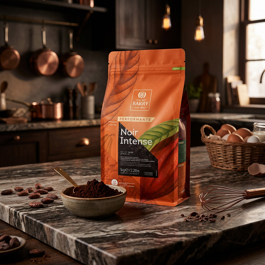 Orange chocolate bag labeled 'Noir Intense' on a kitchen counter