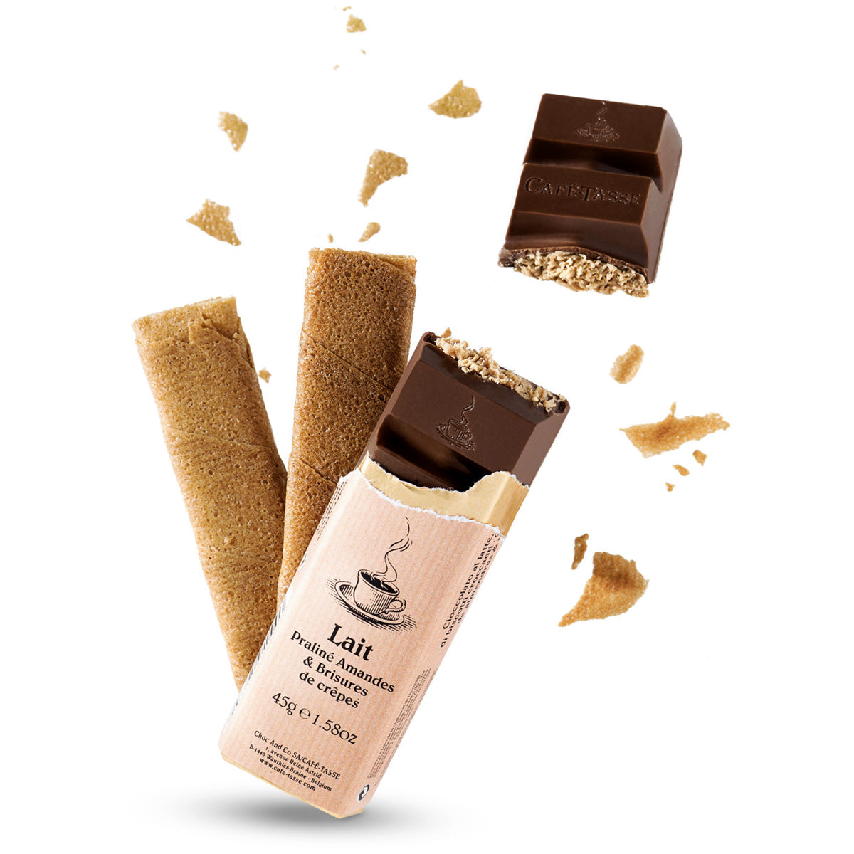 Cafe-Tasse 38% Milk Chocolate with Almond Praline Crispy Crepe Bar - 45g