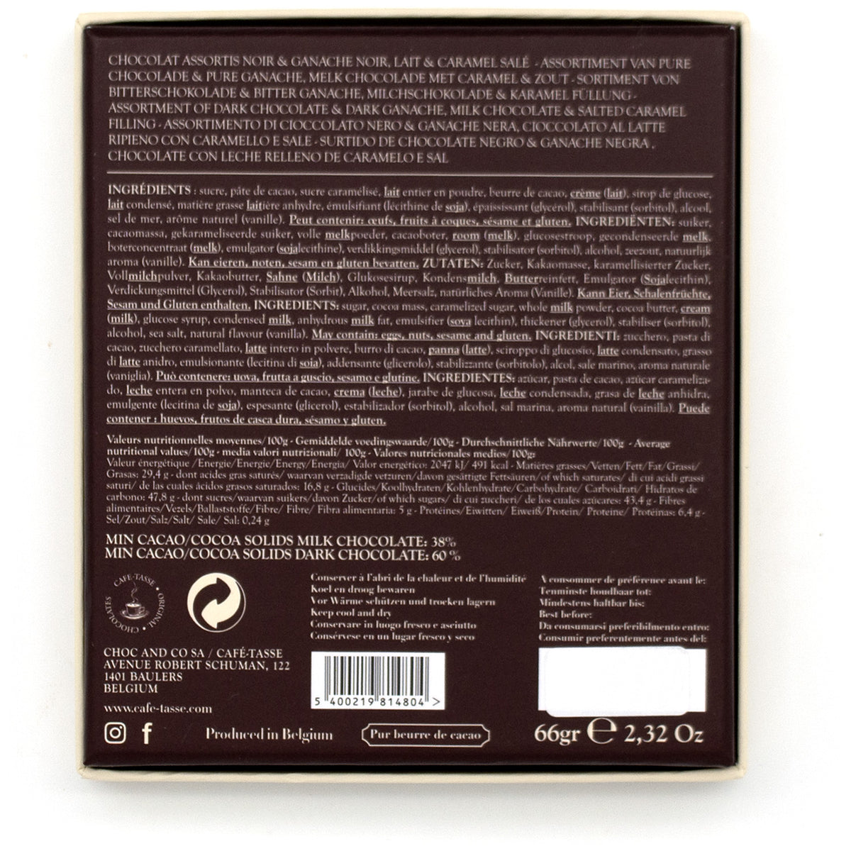 The back of a chocolate bar packaging, showing detailed product information in French and English, including ingredients, nutrition facts, and manufacturer details.