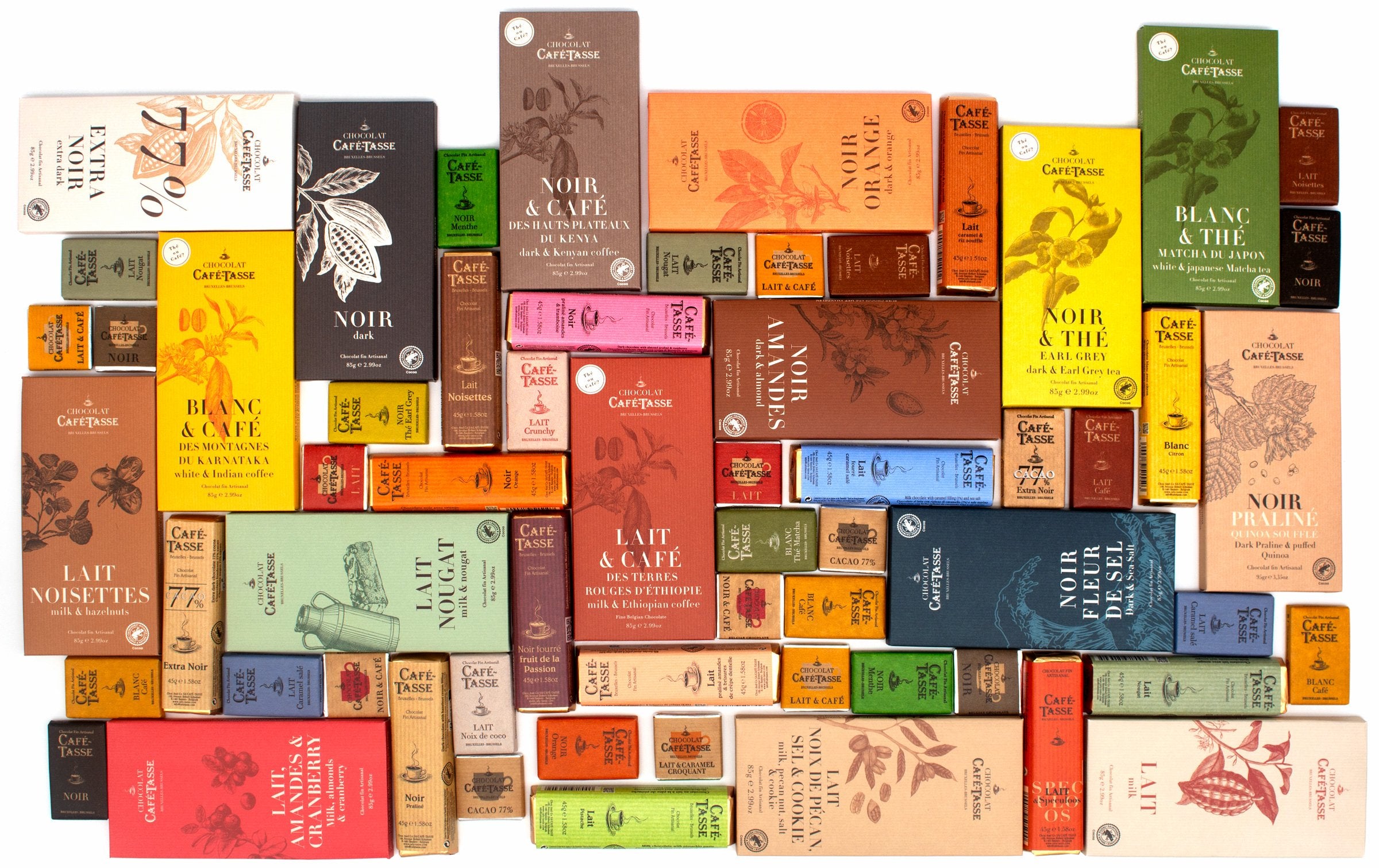 Collection of various Cafe-Tasse chocolate bars with colorful packaging on a white background