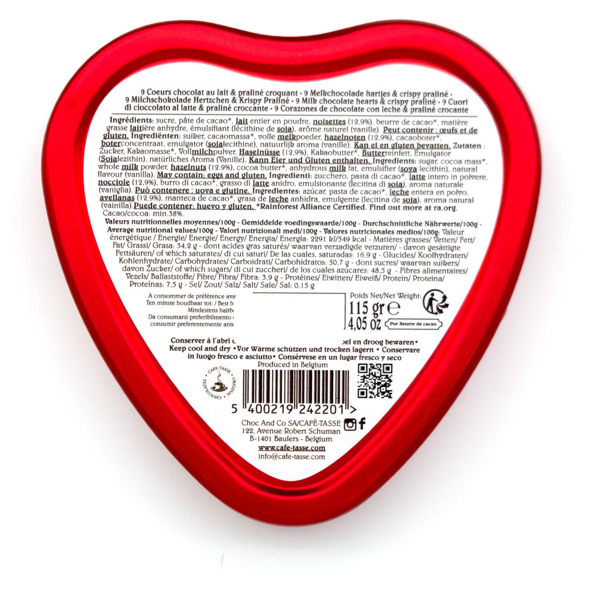 Café-Tasse Heart Shaped Hazelnut Praliné Milk Chocolates in Heart Tin - 9 pc - 115g