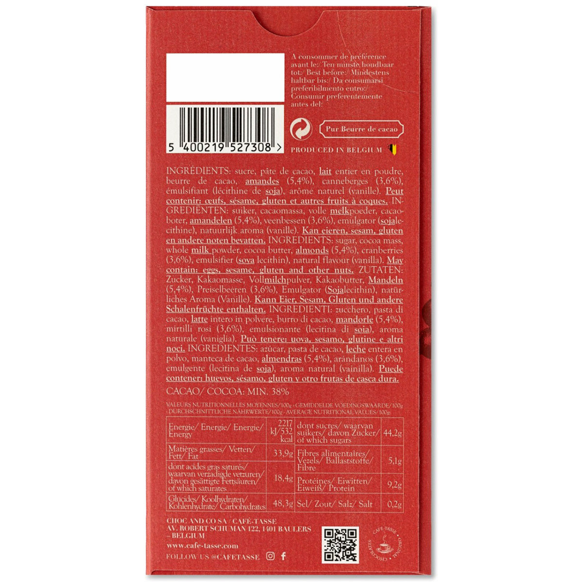 Cafe-Tasse Lait Amandes & Cranberry 38% Milk Chocolate Almonds & Cranberry Bar - 85g